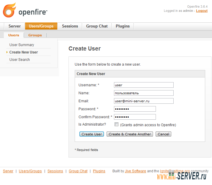 Создание пользователя в Openfire Создание пользователя в Openfire