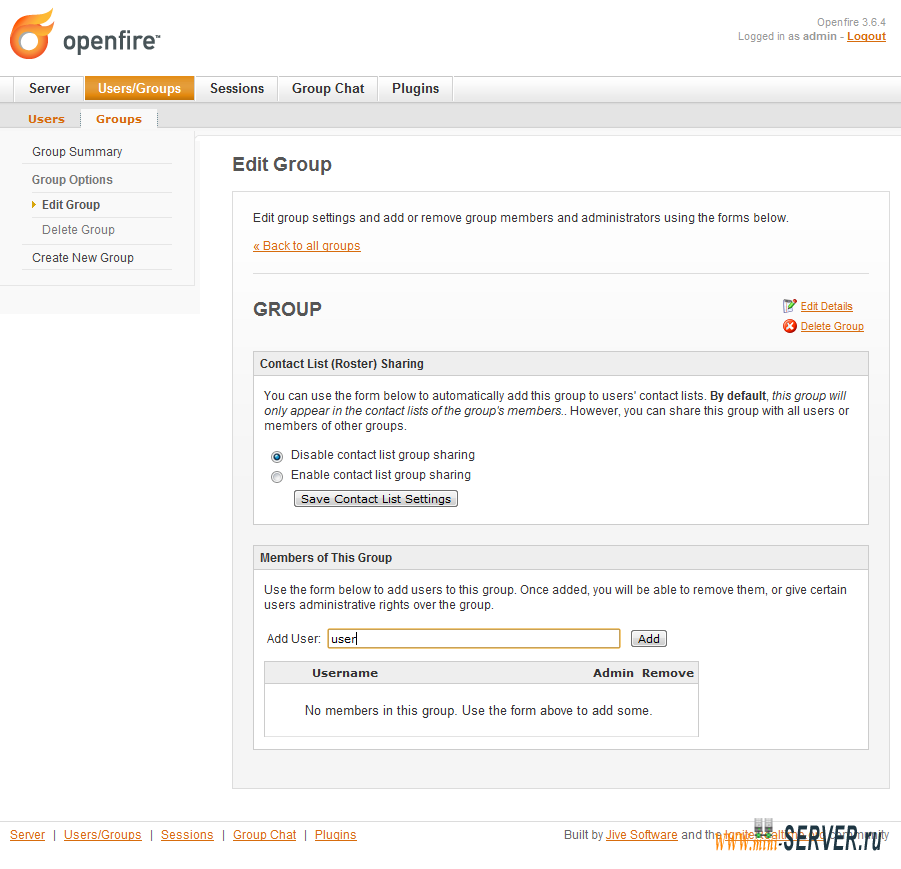 Добавление пользователя в группу Openfire Добавление пользователя в группу Openfire