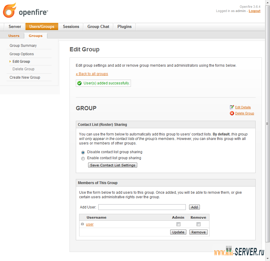 Добавление пользователя в группу Openfire Добавление пользователя в группу Openfire