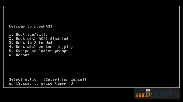 Выбор вида загрузки FreeNAS Выбор вида загрузки FreeNAS