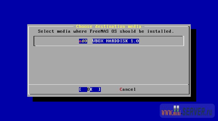 Выбор носителя для установки FreeNAS Выбор носителя для установки FreeNAS